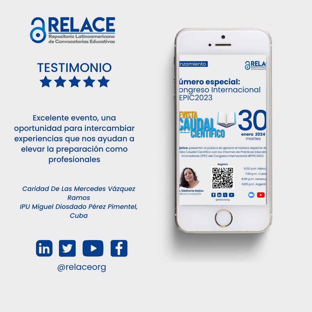 relaceorg's tweet image. Hola, comunidad 
El Número especial: Congreso Internacional #EPIC2023 fue todo un éxito.
Agradecemos a Caridad de las Mercedes Vázquez (Cuba) por compartir su valioso testimonio. 
📌 ¡Aquí está la grabación! youtube.com/watch?v=nUS19K…
#EducacionInnovadora #CongresoEPIC2023 #RELACE