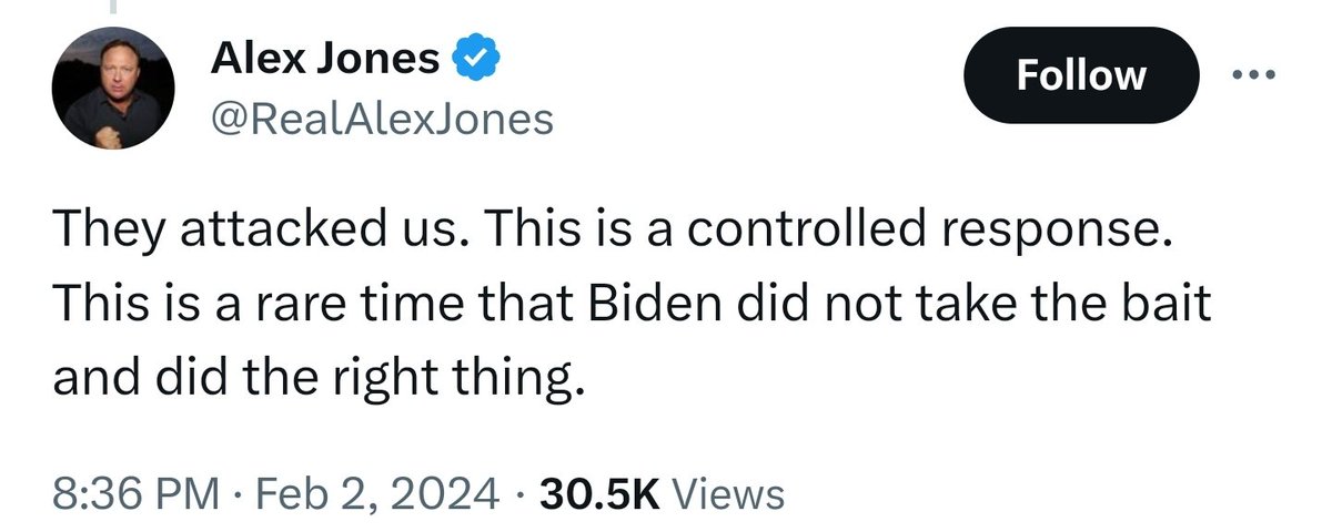 ShadowofEzra's tweet photo. Alex Jones is also giving credit to Joe Biden for starting World War III with Iran.

Alex Jones claims to be a non interventionist libertarian, but he clearly is being controlled from behind the scenes.

The only people who are celebrating this attack on Iran are the same people who celebrated when the Twin Towers fell on 09/11/2001.

The people who profit from war.

The people who want to nation build.

The people who want to rewrite history.

The people who want to expand their borders.