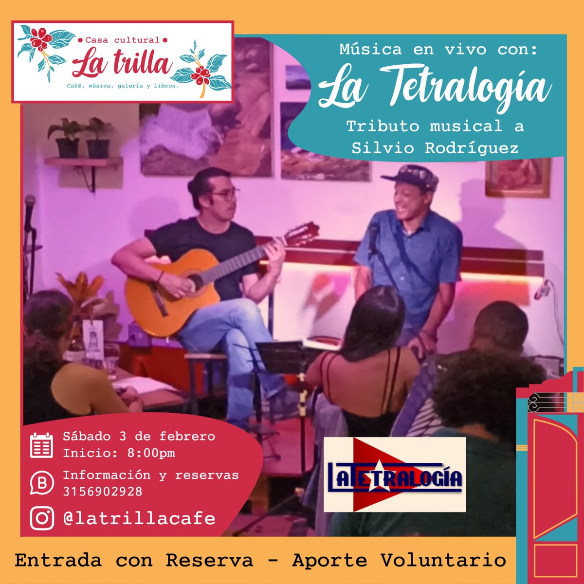 #Silviazo

Saludos, amantes de la. Musica. De #SilvioRodriguez.

Este sábado 3 de febrero tendremos noche de 'silviada' en el Café, Librería, Bar #LaTrilla en la ciudad de #Medellín. 

¡Te esperamos para disfrutar juntos! 

Comparte con tus amigos para que se vuelva #viral.