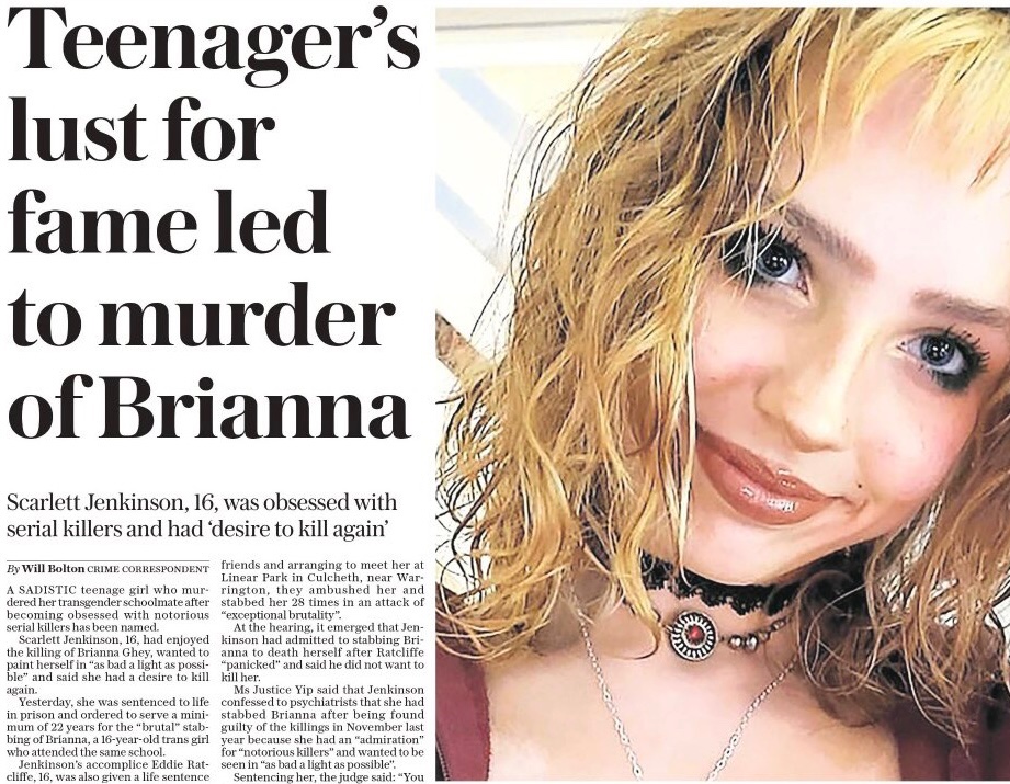 If Scarlett had a lust for fame, the Daily Telegraph has quenched her every desire. How fucking stupid can one newspaper be? They publish thousands of transphobic columns, and then they plaster a Trans-killer’s photograph all over their front page. Fucking arseholes!