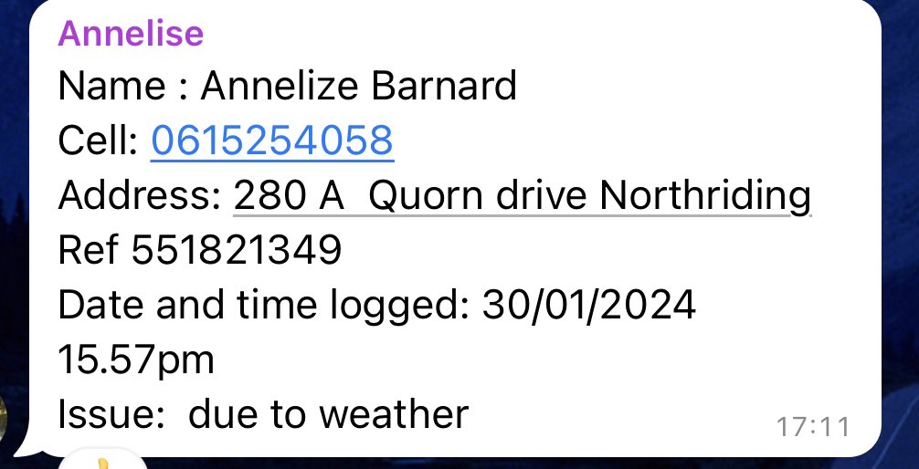 MariechanL's tweet photo. @CityPowerJhb @CityPowerJhb power on Quorn drive has been out since 30 Jan &amp; no operators has been on site to investigate. You have completely bypassed us. Today is day 5 no electricity. Plz see below escalations. Advise what is happening, situation is dyer https://t.co/LL6l69FOHk