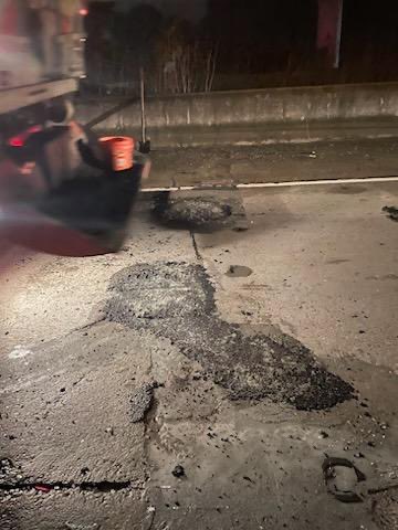 CaltransD4's tweet photo. Our Caltrans crews have been out patching as many potholes as possible day and night. If you see us out working, please Move Over and Slow Down. #CAwx #StormWatch #StormPreps #BayArea https://t.co/kxhnu1p0Ue