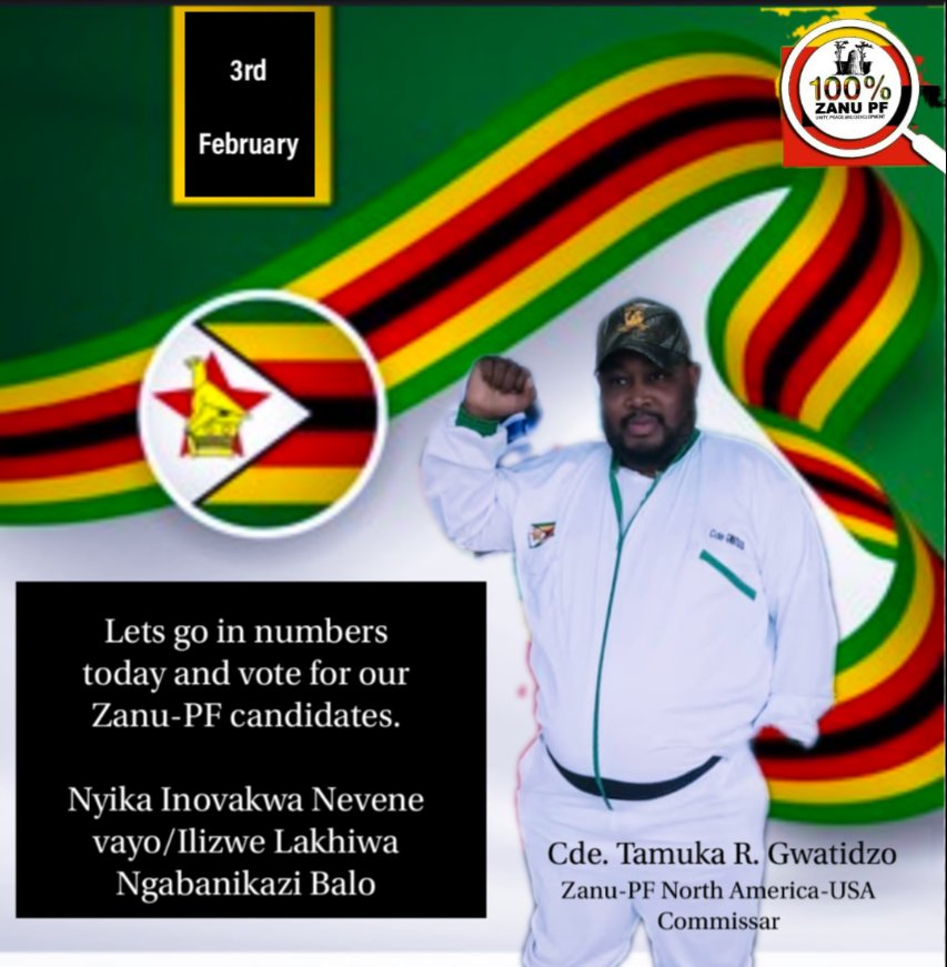 Lets Spread the word encouraging people to vote our Zanu-PF candidates 

Nyika Inovakwa Nevene vayo/Ilizwe Lakhiwa Ngabanikazi Balo
 
#Zimbabwe #Elections2024 #Zimbabweelections #VoteZanuPf #Byelections #Vision2030 #TakaendaTakaenda