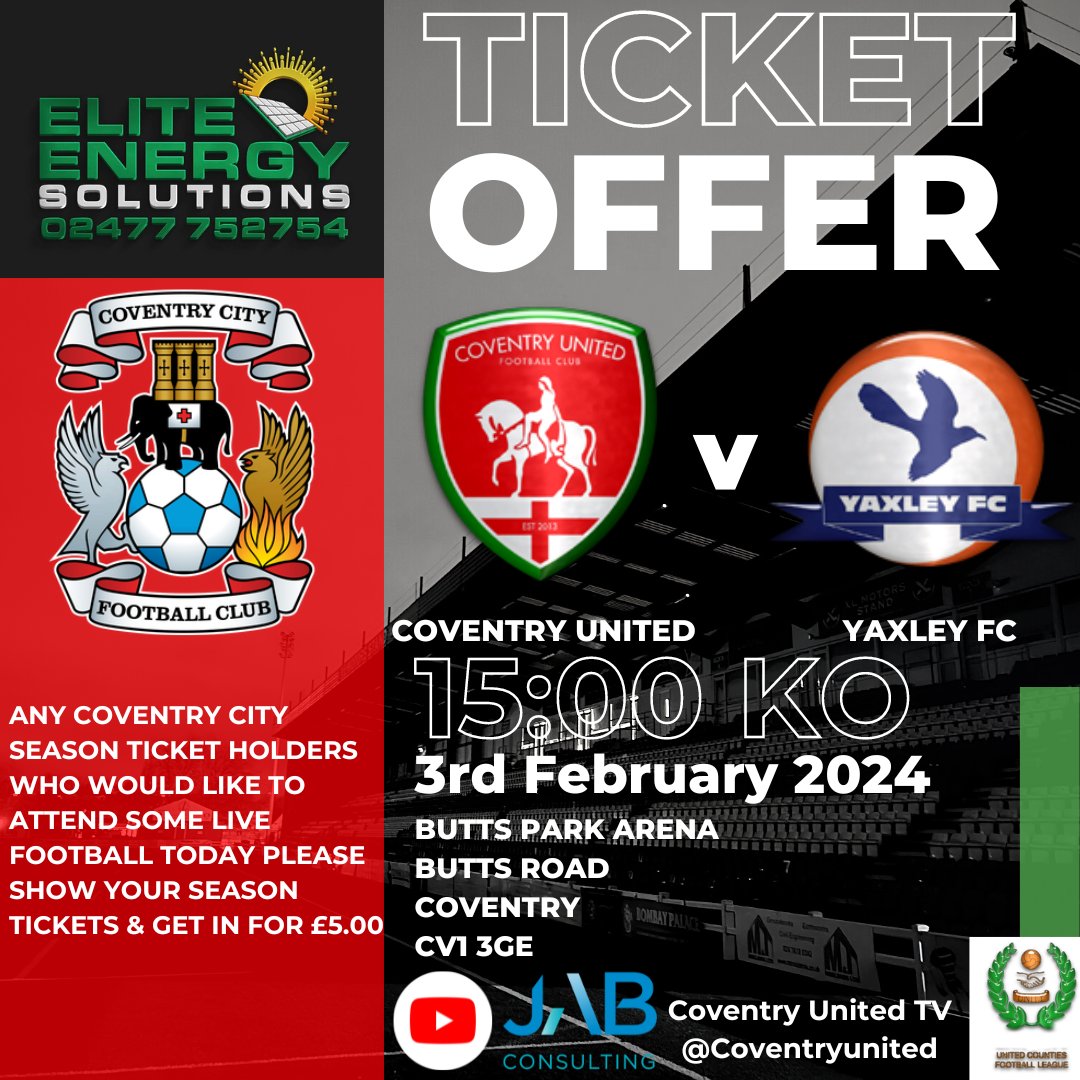 Any Coventry City season ticket holders would would like to attend some live football in Coventry as the Sky Blues are away please come down to the Butts Park Arena show your season ticket & you can pay £5.00 for entry
#CovAndProud
#coventry