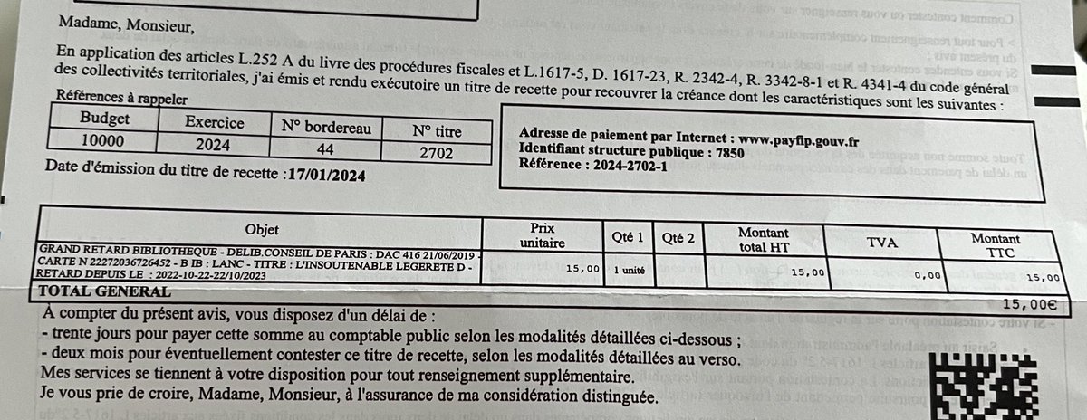 J’adore la Mairie de Paris.

Amende pour non restitution d’un livre depuis 2 ans  : 15€, soit à peu près le prix du livre.

Pour m’envoyer ce truc : délibération au Conseil de Paris, liens avec la DGFIP... 

Au final, le coût de traitement est supérieur au montant de l’amende.