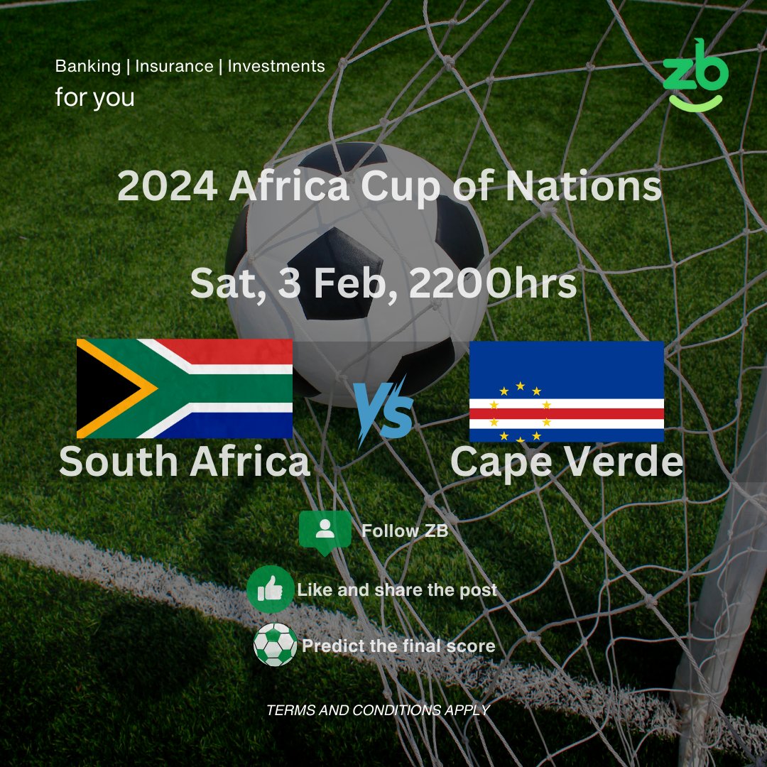 Be among the winners by correctly predicting the final score for South Africa vs Cape Verde before kick-off Today at 2200hrs

Follow us
Like and share the post
Predict the scoreline

The submission deadline is before the kick-off of Zimbabwe time.
#zbforyou #2024Afcon