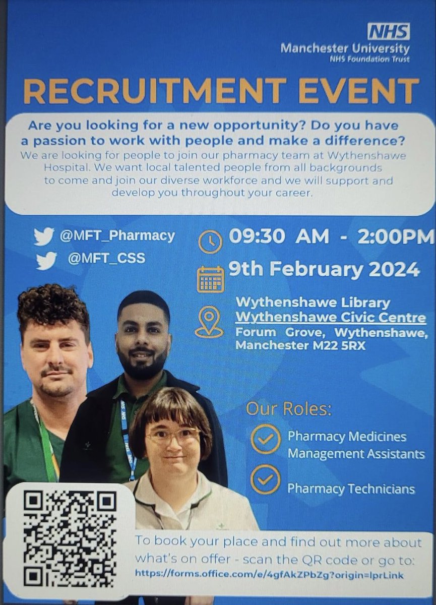Take a look 👀 we are holding a large recruitment event in Wythenshawe Civic Centre on the 9th February Are you or anyone you may know interested in a career in pharmacy? Not sure what is on offer? Register an interest and hopefully we will see you there. 
<a href="/MFT_CSS/">MFT_CSS</a>