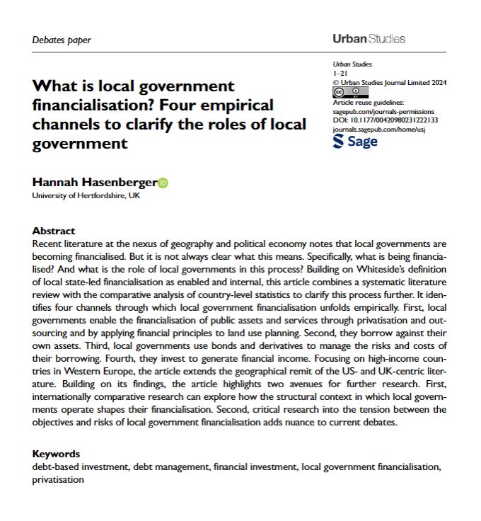 Exploring the intersection of #LocalGovernance and #financialisation, @HaHasenberger sheds light on how European cities engage in financial practices – with the potential to create financial losses, #inequality, and democratic concerns 
ow.ly/1Nyo50Qvvvn
#DebtManagement