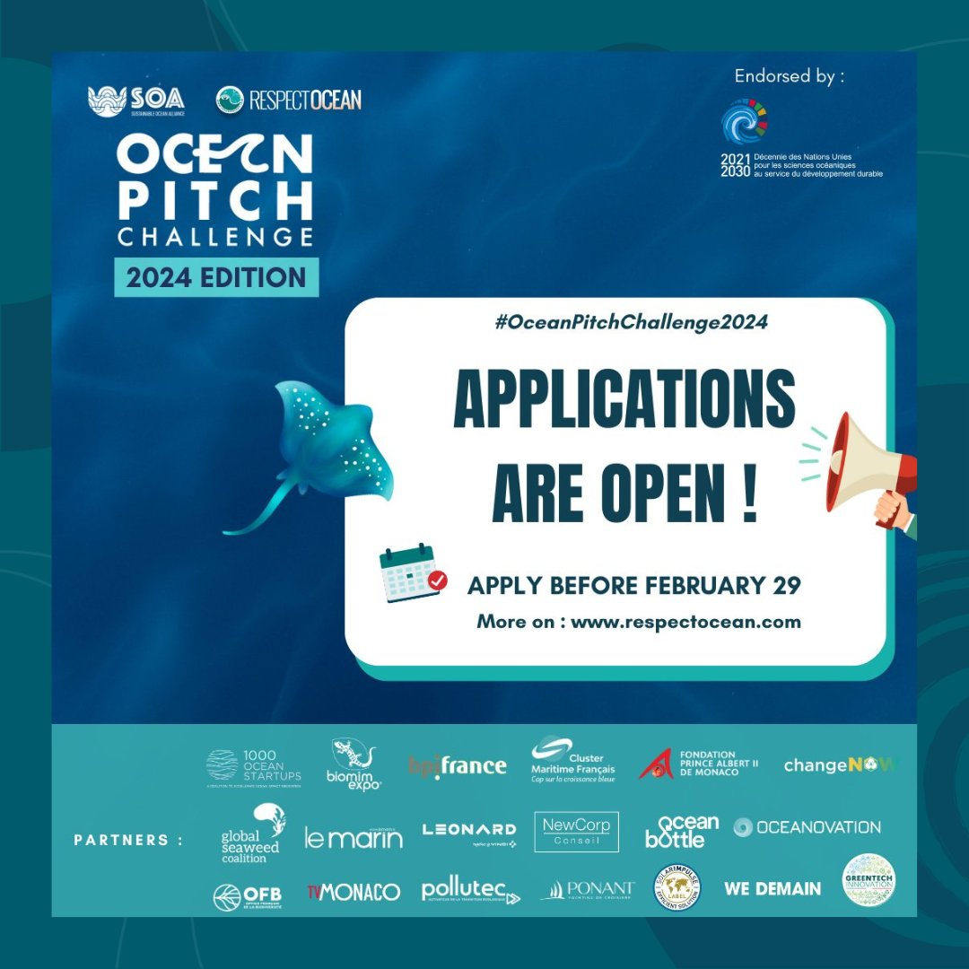 #OceanDecade Activity🌊

The <a href="/Respect_Ocean/">RespectOcean 🌊</a> <a href="/SOAlliance/">Sustainable Ocean Alliance (SOA)</a> #OceanPitchChallenge24 is on!

💡Got an idea to protect the ocean? Pitch it here: ow.ly/8R2l50Qx7Lg

Discover the winners of last year's challenge, which saw 136 applications from 40+ countries: ow.ly/VlC250Qx7Lh