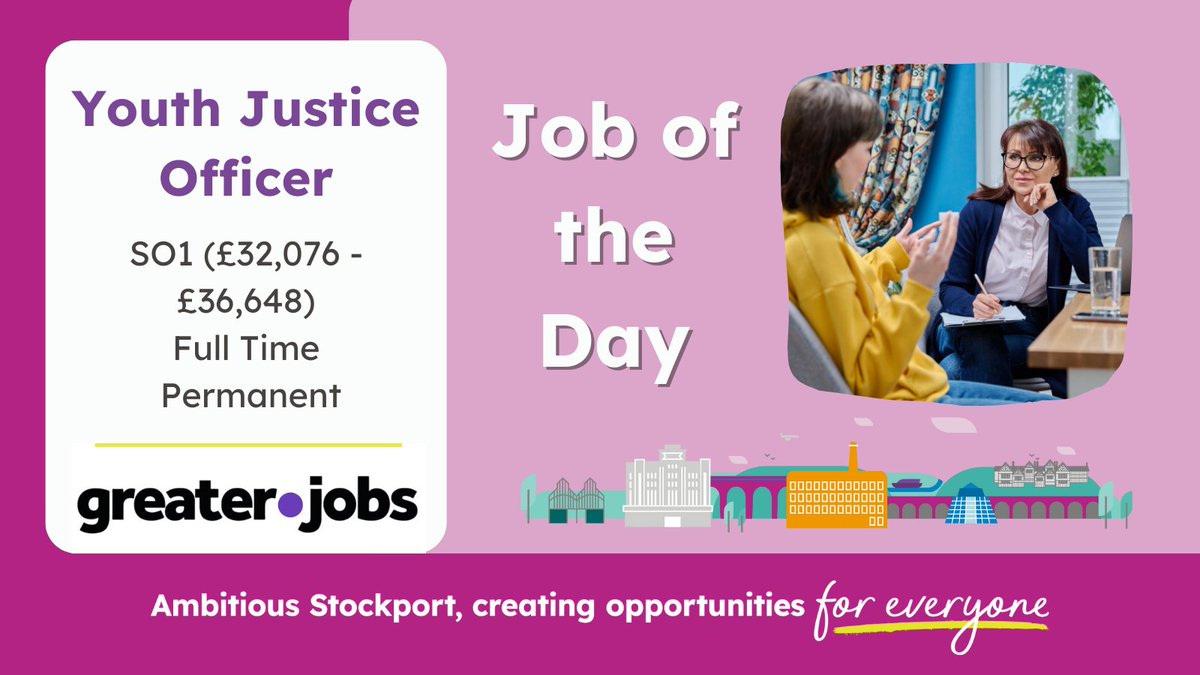 JobsAtStockport's tweet photo. We are looking for a #enthusiastic and #highlymotivated #YouthJusticeOfficer to work with young people to achieve the statutory functions of the Youth Justice Service, whose principal aim is to prevent offending and reduce re-offending.
Find out more ๐ https://t.co/ggzcwfAwLF https://t.co/EGfDjUcx3I