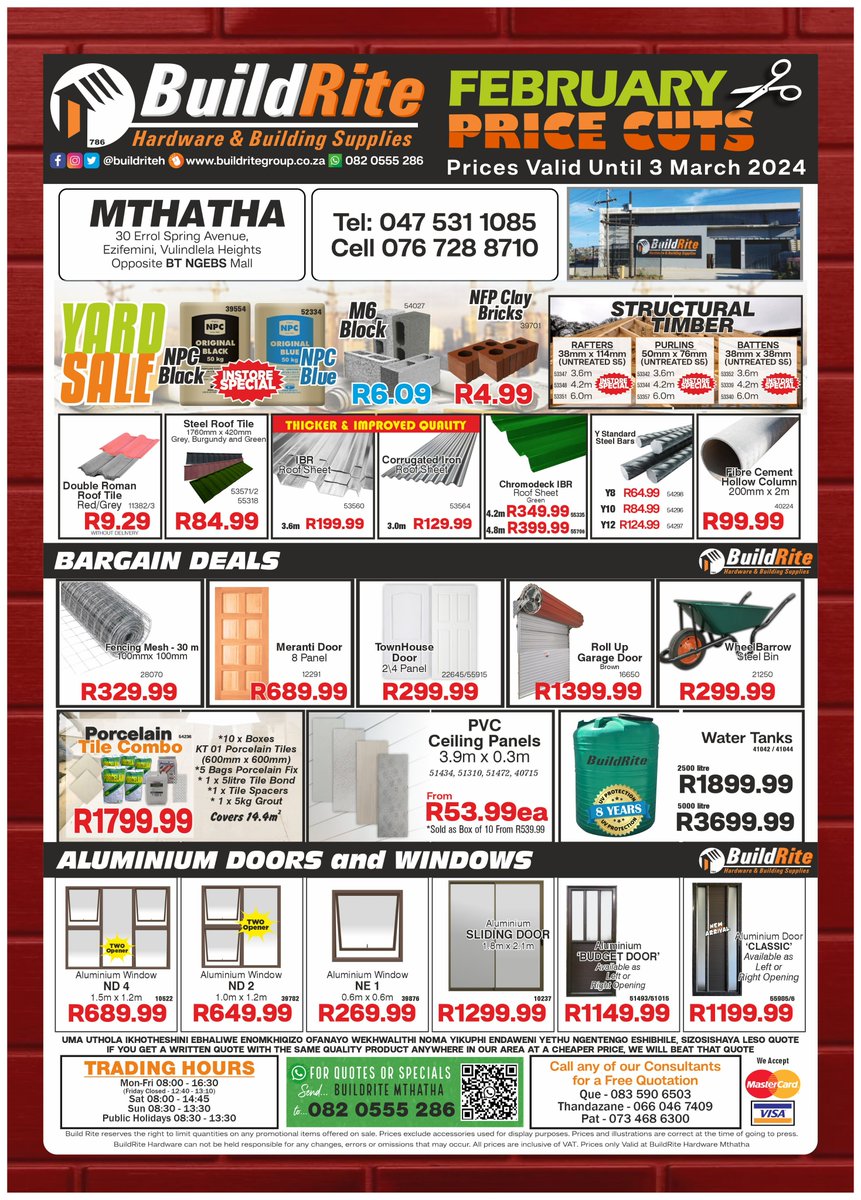 BuildriteH's tweet photo. Mthatha February Price Cuts... Build Rite Hardware has these amazing deals, it's your last chance so don't miss out! π
#Mthatha #umtata #kwazulunatal #buildrite #buildritehardware #hardware #hardwarestore #affordable #dream https://t.co/dWB1DLxNQ9