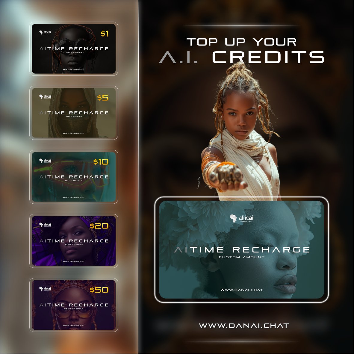 🌟 Dive into the AI Revolution with AfricAi! 🚀 Now offering AI Credits from just $1, making cutting-edge technology accessible to all. 🌈 Join us at danai.chat and start your AI journey today! 💡🔍 #JoinAiRevolution #AffordableAi