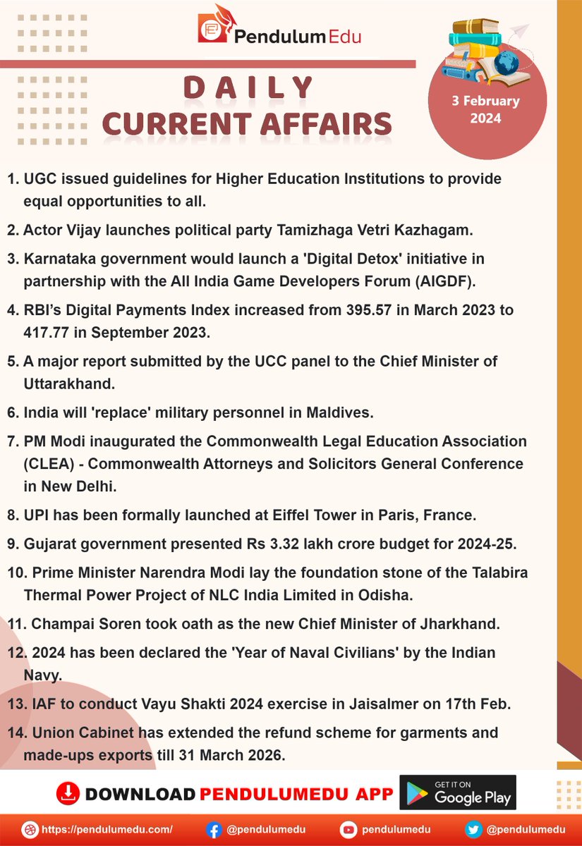 pendulumedu's tweet photo. Read Daily Current Affairs of 3 February 2024 in English - https://t.co/MAkREiXdS5
#CurrentAffairs #3februarycurrentaffairs #ugc #actorvijay #tamizhagavetrikazhagam #digitaldetox #aigdf #digitalpaymentsindex #uccpanel #clea #eiffelrower #talabirathernalpowerproject #nlcindia https://t.co/7RqmSB9js3