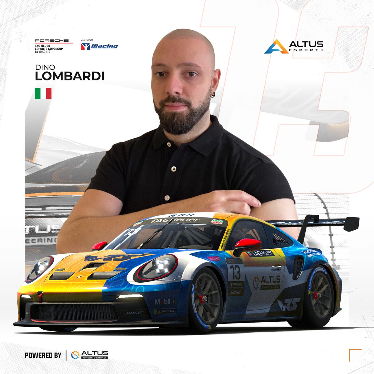 Our third and final entry, is fellow Italian @dino_lomb. This is his second season of PESC, but his first in the 🧡💙 Pumped about getting stuck in to what's going to be a crazy season ahead! #WeAreAltus #Dinooooo @Altus_Engineer @iRacing @PorscheRaces