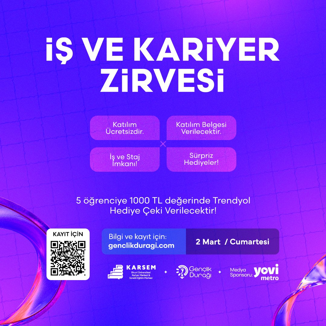 İş ve Kariyer Zirvesi

Birbirinden Değerli Markaların ve Konuşmacıların Yer alacağı Bu Zirve'de Yer Almak İstiyorsan Hemen Başvuru Formunu Doldurmayı Unutma!

Bilgi ve kayıt için: genclikduragi.com/Etkinlik/Detay…