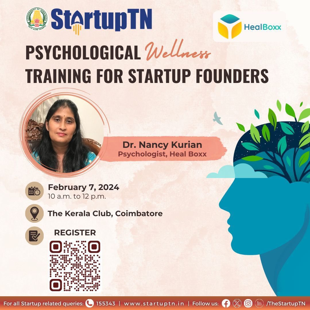 Healboxx_'s tweet photo. Join us for "Psychological Wellness Training for Startup Founders" presented in collaboration with startupTN

🗓️ Date &amp; 🕒 Time : February 7, 2024, 10:00 am - 12:00 pm
📍 Venue: The Kerala Club, ATT Colony Coimbatore.

Register now: https://t.co/AL3OkEiUxb https://t.co/L80RWb3JXZ
