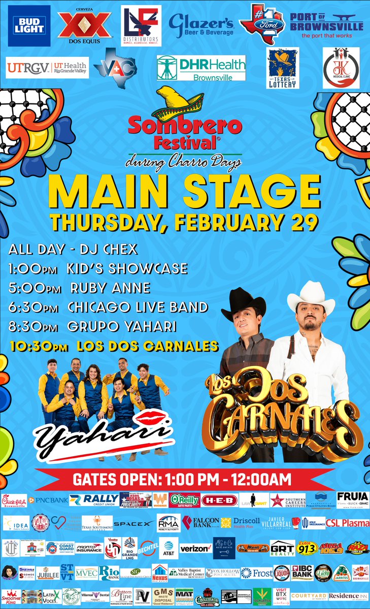 Get ready for THURSDAY at Sombrero Festival 2024! 📷

GATES OPEN AT 1 PM
KIDS RIDES FREE UNTIL 6 PM
Brought to you by Space X

Tickets now on sale at SombreroFestival.com

#SombreroFestival #SF24 #BrownsvilleTexas #CharroDays #LosDosCarnales #Yahari