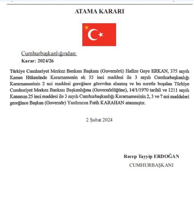 Türkiye Cumhuriyeti Merkez Bankası Başkanlık görevine atanan Fatih Karahan’ı tebrik ediyor, çalışmalarında muvaffakiyet ve kolaylıklar diliyorum. 

Bu görevi başarıyla yürütmüş olan Hafize Gaye Erkan’a hizmetlerinden dolayı teşekkür ediyorum.