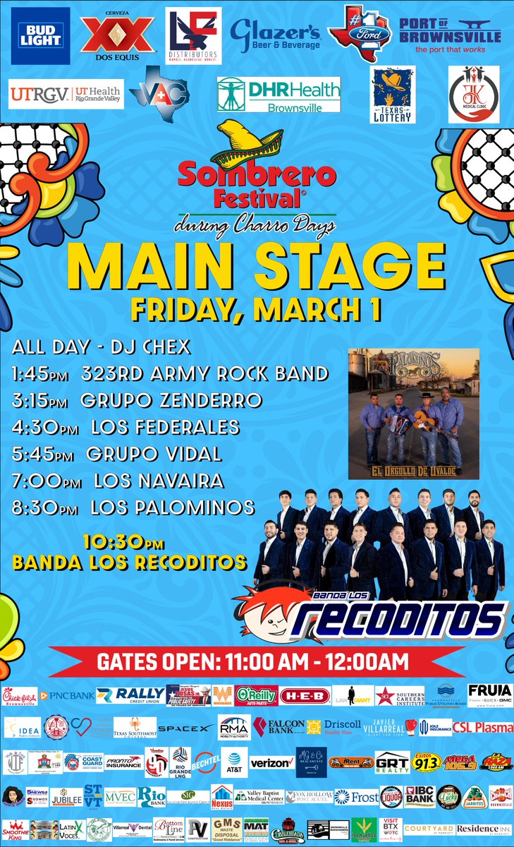 Get ready for FRIDAY at Sombrero Festival 2024! 📷

GATES OPEN AT 11 AM

Tickets now on sale at SombreroFestival.com

#SombreroFestival #SF24 #BrownsvilleTexas #CharroDays #BandaLosRecoditos #LosPalominos
