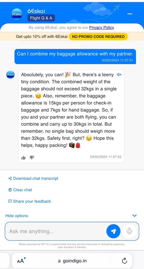 Had my first very positive experience with an airline chat bot. Much simpler than using the frequently asked questions, and in responding a very playful way. Thanks, @IndiGo6E.