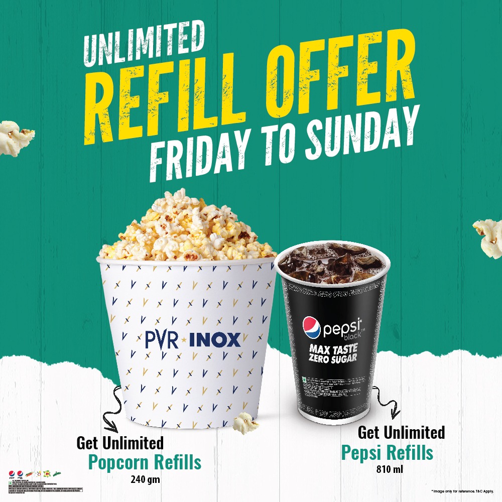 Double the thrills, double the flavors! 🎉😋Indulge in some quality entertainment with mouth-watering offer from Friday to Sunday. 🍿Get unlimited popcorn (240 g) and Pepsi refills (810 ml) to keep the excitement going! 🥤🎬
.
.
.
#Popcorn #Pepsi #Tasty #PVRTreats #Offer #Deal