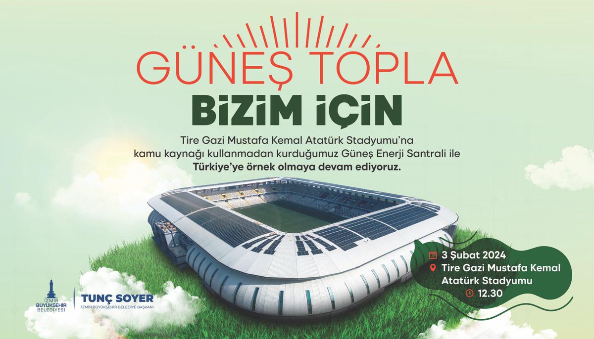 2030’a kadar ‘sıfır karbon’ hedefimiz doğrultusunda, iklimi koruyan GES yatırımlarımıza bir yenisini ekliyoruz. 

Tire Gazi Mustafa Kemal Atatürk Stadyumu çatısına inşa ettiğimiz Güneş Enerjisi Santrali’nin bugünkü açılış töreninde buluşmak dileğiyle.