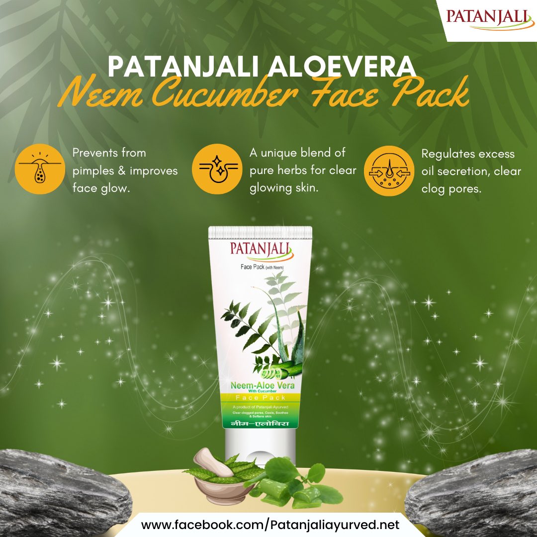 Patanjali Aloe vera Neem Cucumber Face Pack -

Benefits-

✅Dermatologically tested.               

✅Prevents pimples &amp; improves face glow.

✅Enriched with blends of herbals that possess softening, healing &amp; nourishing properties.

✅A unique blend of pure herbs for clear
