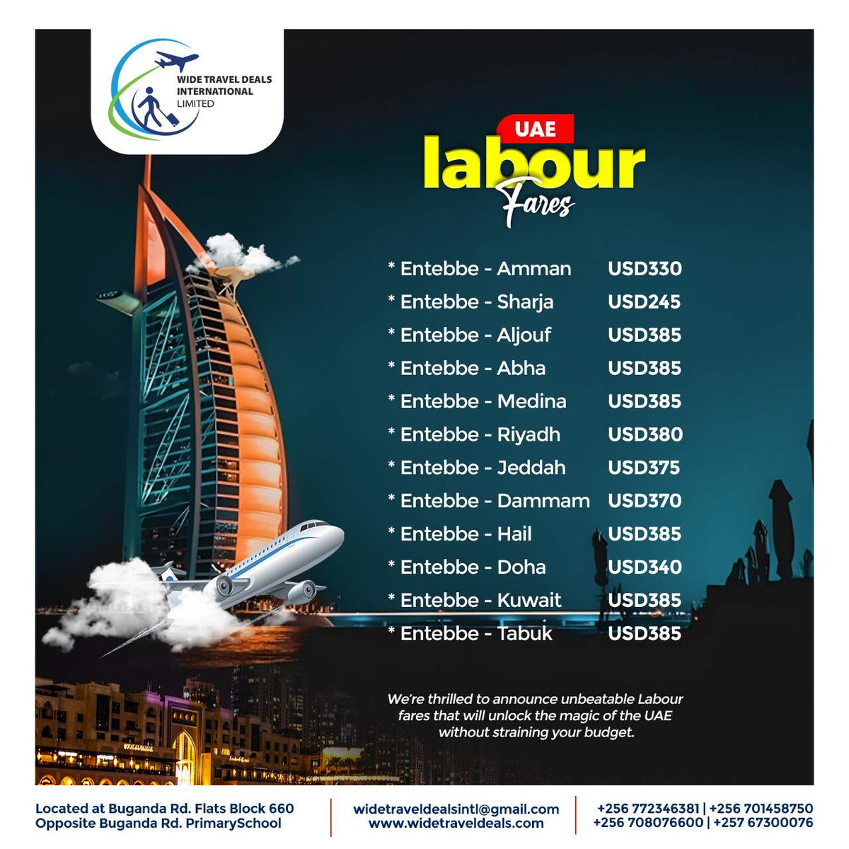 Hey💙
Cheap & Affordable labour fares to the UAE❤✈

#travel #amazingdiscounts #affordable #balunywa #FreeMyPassport #azawi #Sugar #kikuyu #UAE #mubs