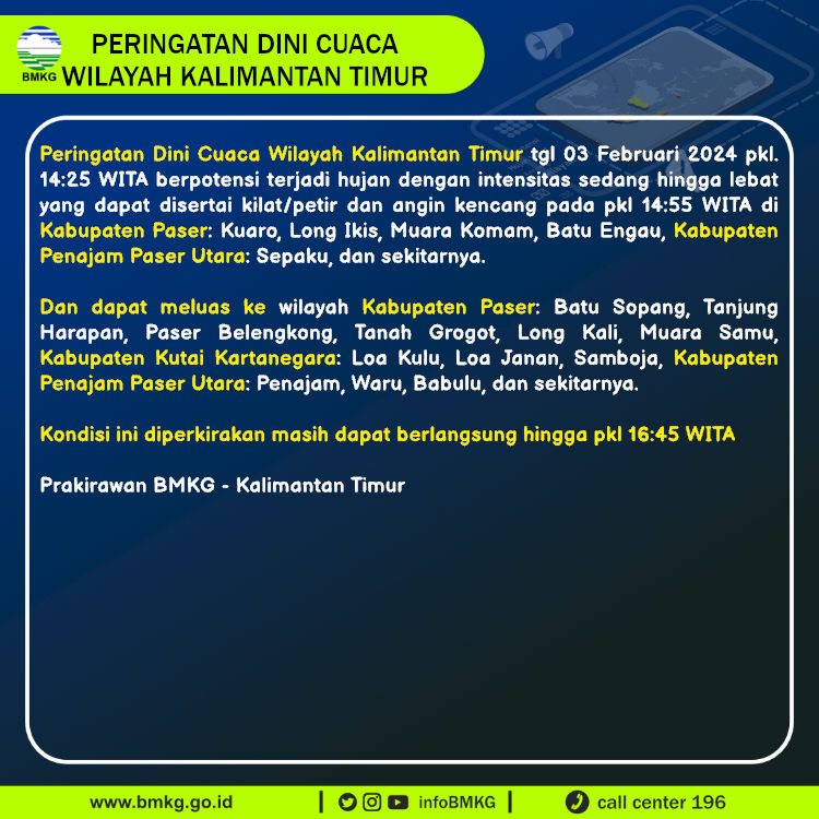 Update Peringatan Dini Cuaca Wilayah - Kalimantan Timur Tgl. 03 Februari 2024 pkl. 14:55 WITA
Prakirawan - BMKG - Kalimantan Timur
nowcasting.bmkg.go.id/nowcast?kodwil…