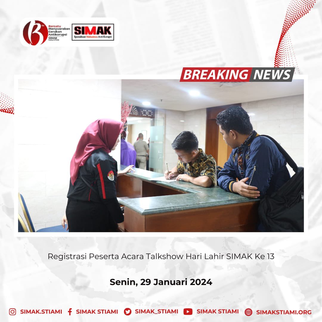 SIMAK_STIAMI's tweet photo. Spesialisasi Mahasiswa Antikorupsi

Registrasi Peserta Talkshow Hari Lahir SIMAK Ke-13 

#harlahsimak13
#simakstiami
#integritytofightcorruption
#institutstiami https://t.co/hg8Bpsg6LD
