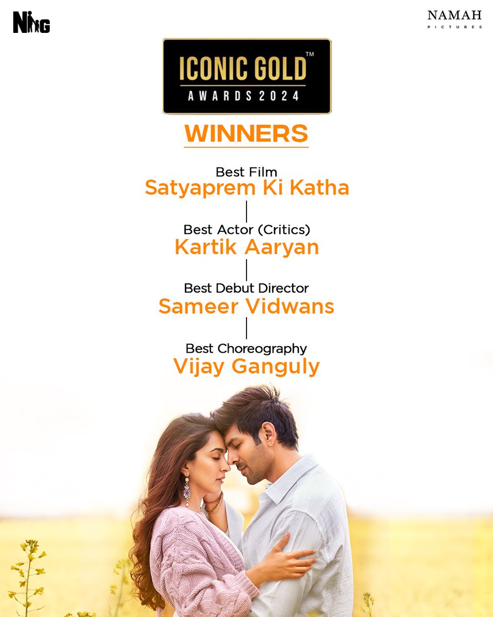 Four awards, one grateful heart ❤️ Thank you for making 'Satyaprem Ki Katha' shine! ✨ @IconicGoldAward #SatyapremKiKatha #SajidNadiadwala @TheAaryanKartik @advani_kiara @sameervidwans @shareenmantri @kishorarora19 @karandontsharma @WardaNadiadwala @VijayGanguly @DoP_Bose…