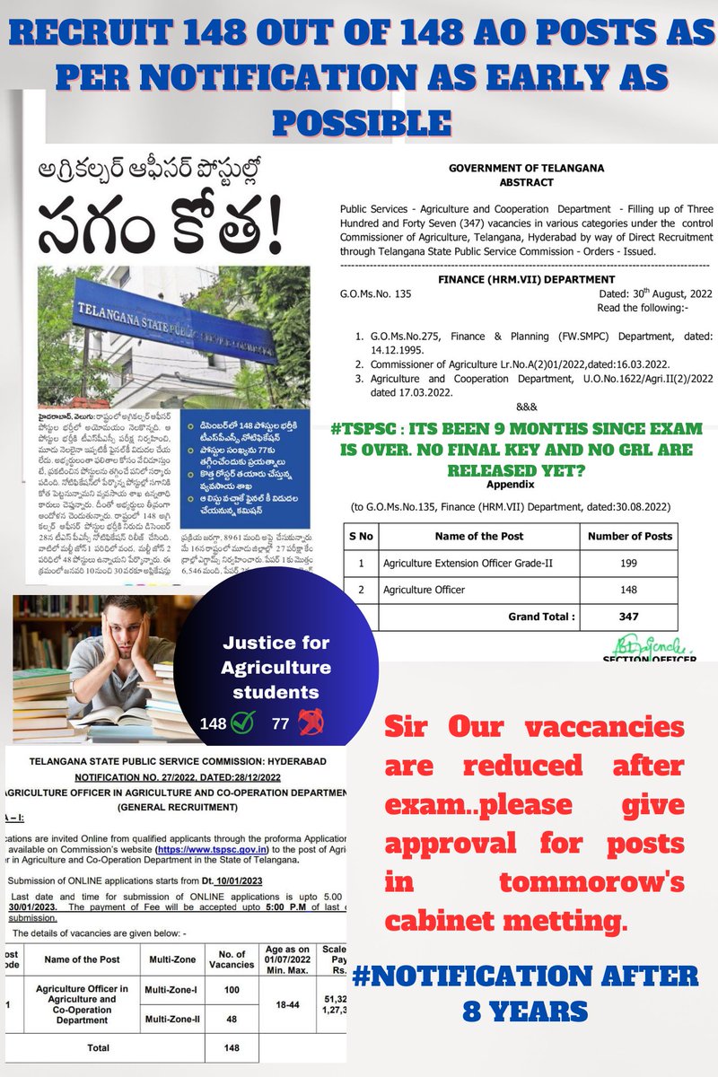 RathodM84363's tweet photo. @manideepika999 @RahulGandhi @TelanganaCMO @TelanganaCS @Tummala_INC @PonnamLoksabha @priyankagandhi @VenkatBalmoor @NtvTeluguLive @abntelugutv @seethakkaMLA Sir/ Madam Our Agriculture officer vaccancies are reduced after exam.please give approval for reduced posts in tommorow's cabinet metting. Fill the vaccancies as per notification and try to give final key and GRL very soon.
#Approve_AgricultureOfficerPosts_AsPer_Notification https://t.co/d10ZdHvJp9