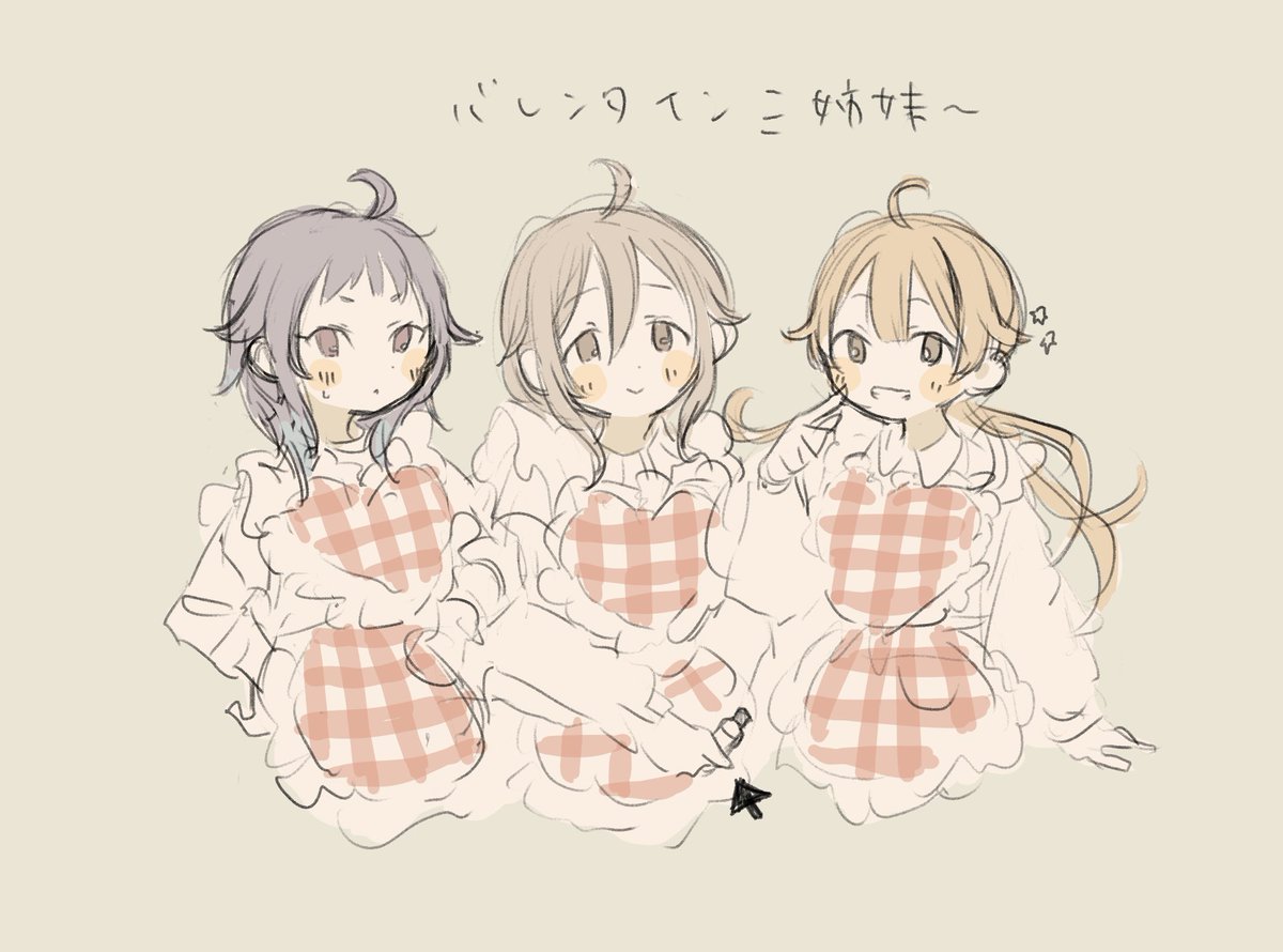 multiple girls 3girls apron ahoge twintails smile simple background  illustration images