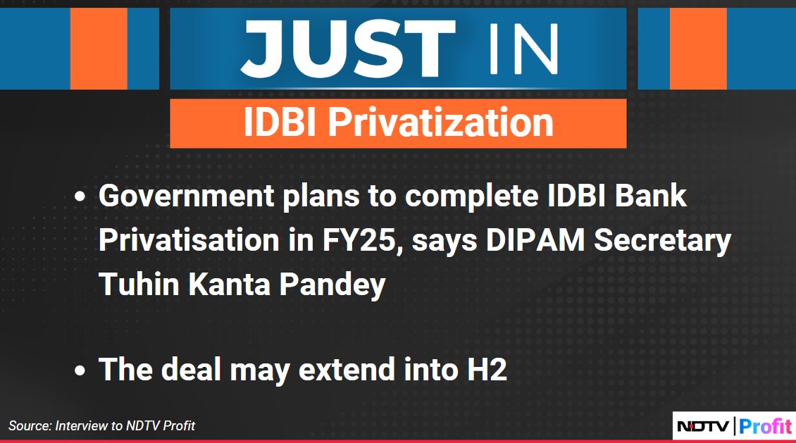 NDTVProfitIndia's tweet image. Government plans to complete #IDBIBank Privatisation in FY25, says #DIPAM Secretary.

For the latest news and updates, visit ndtvprofit.com