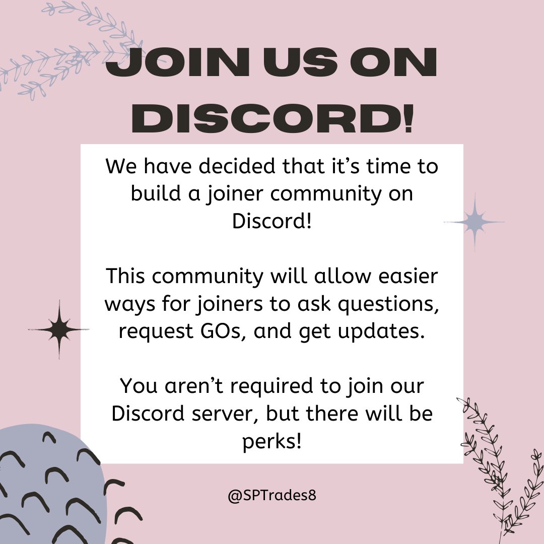 SPTrades8's tweet photo. 🐼🐧Hello!

This is a post for all our GO joiners, past and present.

We would love to see the majority of our joiners in our Discord Server. Please join and give it a shot, as it's something that we think will make the GO experience even better.

Join:
https://t.co/zEiIBftisZ https://t.co/MfOSWwnl0e