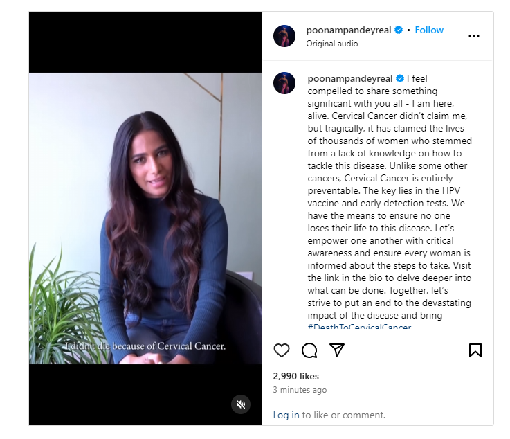 Actress Poonam Pandey is alive, issues video on Instagram claiming ‘awareness’ for Cervical Cancer