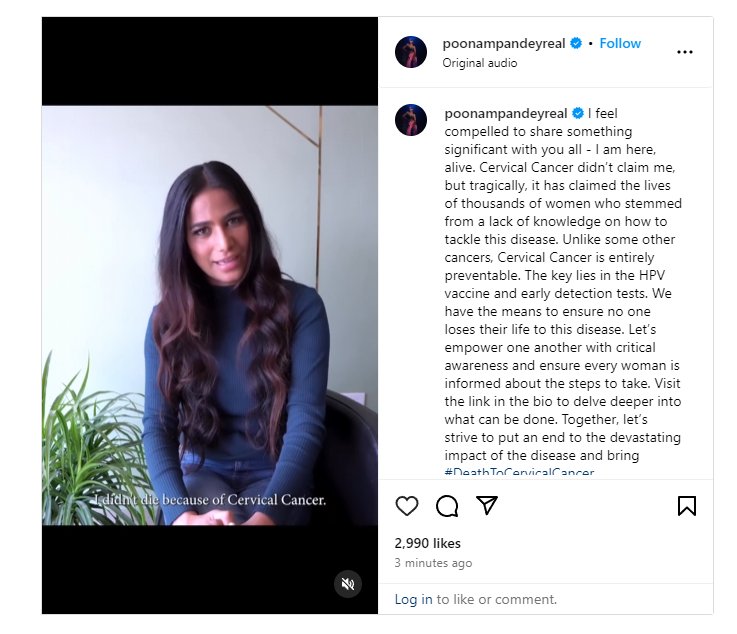 Actress Poonam Pandey is alive and well after a staged death announcement. She has now issued a video on Instagram, claiming to raise 'awareness' for Cervical Cancer.  🎬🔍 #PoonamPandey
Seriously it's Gross 🤮
WORST AD 
 #CervicalCancerAwareness is fine but