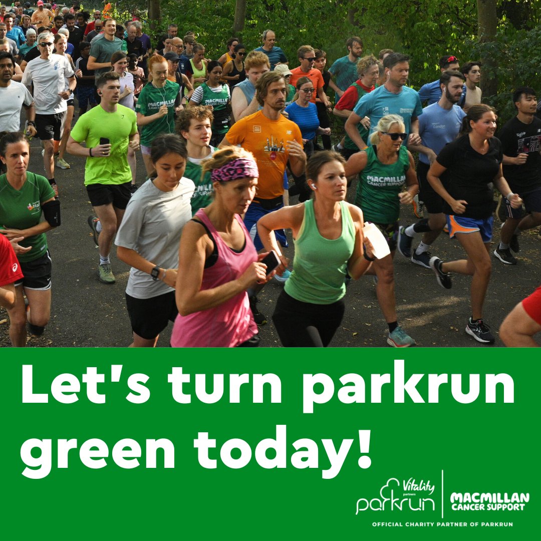 parkrun 5, High 5, and Donate 5 for those living with cancer in the UK. Let’s turn parkrun green 💚🖐️

Wear something green to parkun, run/walk/volunteer, take a selfie giving us a high 5, and donate to <a href="/macmillancancer/">Macmillan Cancer Support</a> by texting PARKRUN to 70550 to make a single £5 donation.