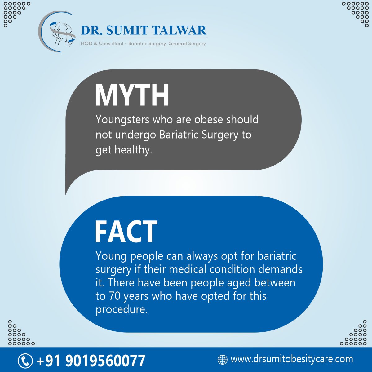 Consult Dr. Sumit Talwar, the Best Bariatric & General surgeon in Bangalore. Book an appointment with the best bariatric surgeon.

#drsumittalwar #drsumit #bariatricsurgeon #obesity #myth #fact #bariatricsurgery #weightlosssurgery #metabolicsurgery #bangalore #contactus #callus