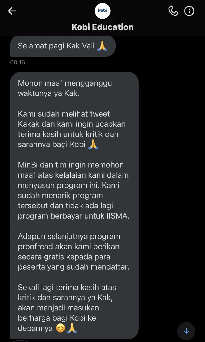 mediterariaa_'s tweet photo. dari pihak Kobi Educationnya ada itikad baik untuk menyampaikan permohonan maaf sebagai berikut, mereka juga bersedia untuk memberikan proofreading gratis bagi yang sudah mendaftar! case closed 🙇🏻‍♂️ https://t.co/fLH46lcE45