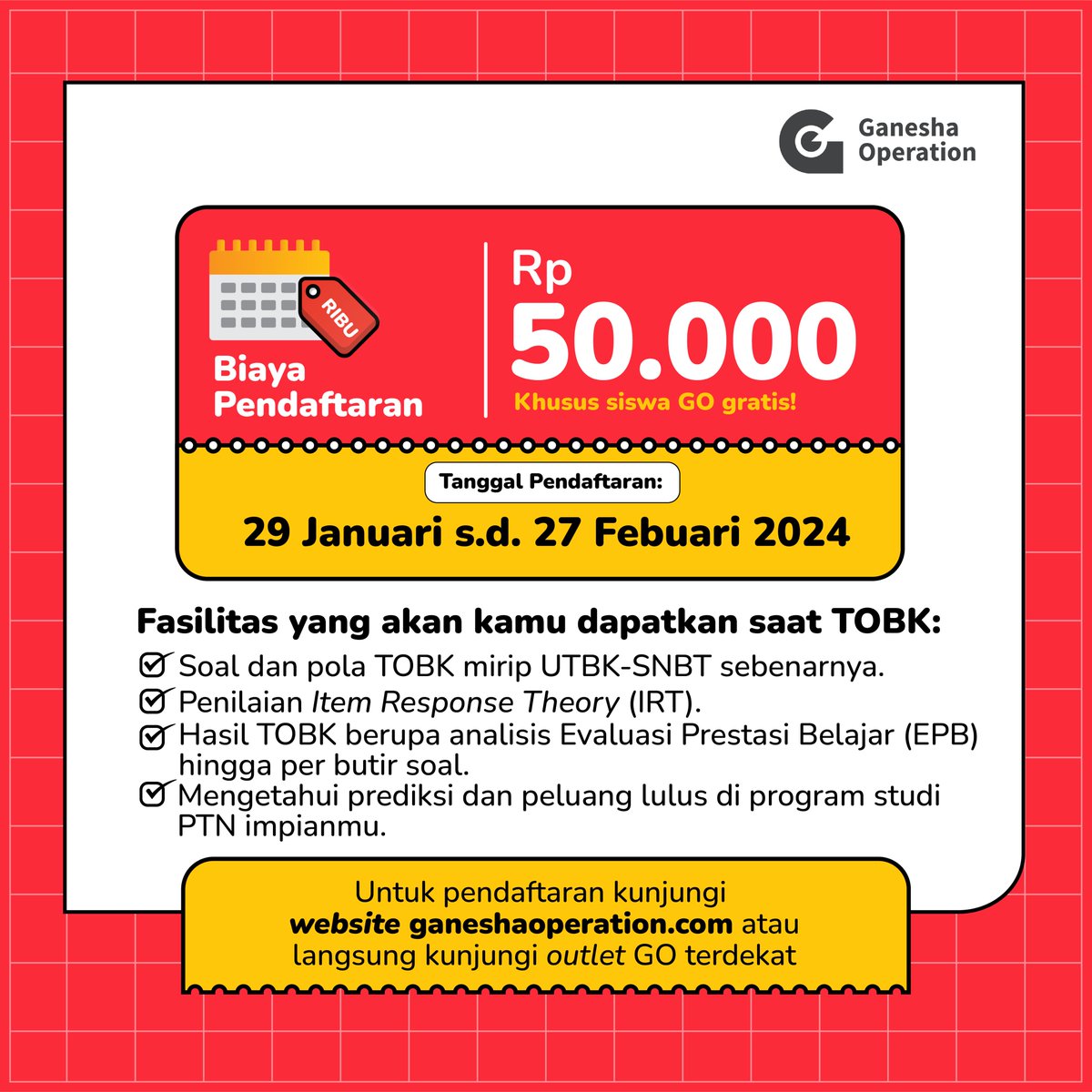 Yuk ikuti TOBK Nasional Sukses SNBT 2024, kamu akan mengerjakan soal-soal yang relevan dengan UTBK-SNBT, sistem blocking time dan penilaian yang sama dengan UTBK-SNBT, dan masih banyak fasilitas lainnya yang akan kamu dapatkan untuk menunjang kamu untuk sukses masuk PTN impian di