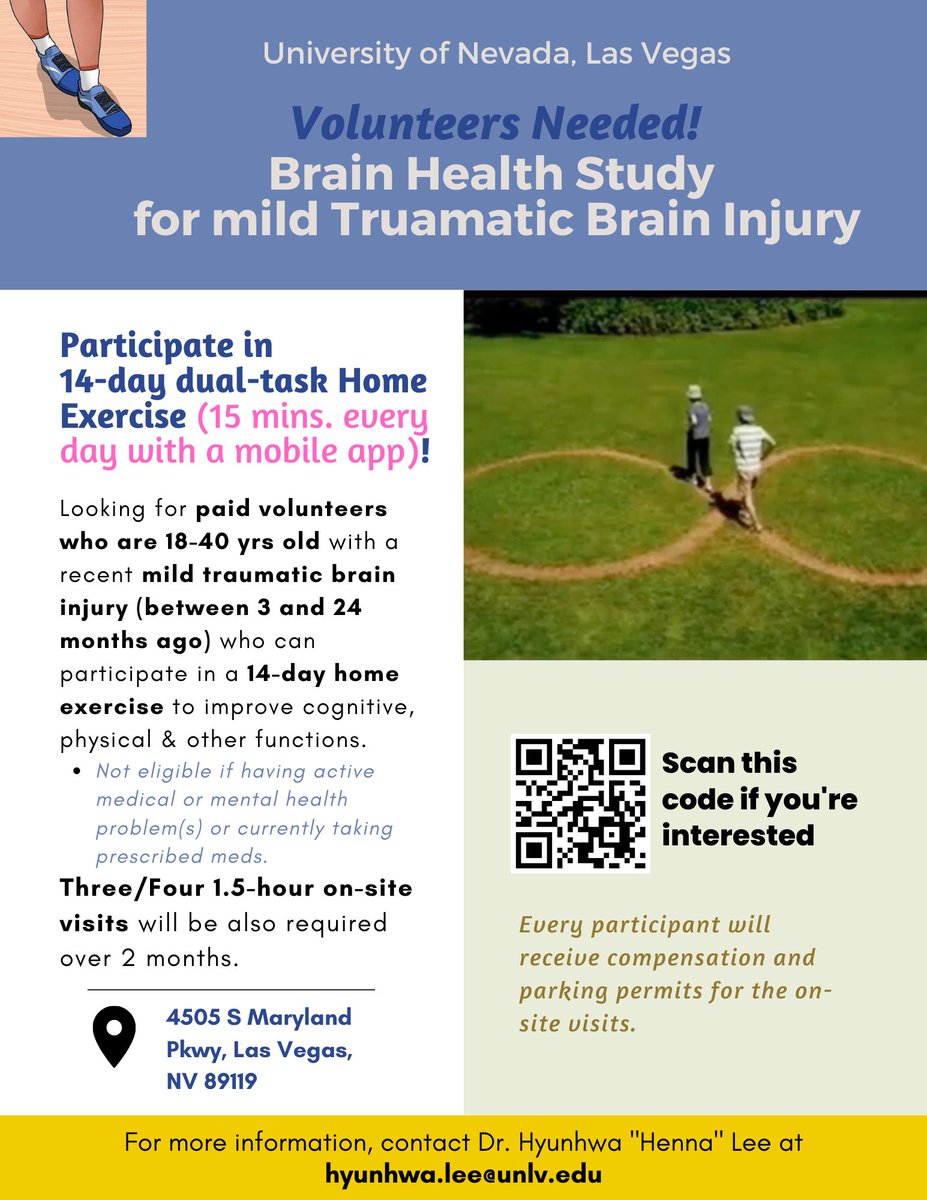lee_henna's tweet photo. Dr.
@lee_henna's (https://t.co/ePRULhMKqN………) BITR research team (https://t.co/PEDRIaJB8U)
@UNLVnursing looking for PAID VOLUNTEERS for on-campus brain research study @unlv about body/walking balance measured by mHealth app (https://t.co/MlSiGBQn8T) and other https://t.co/T30MIpY9hH