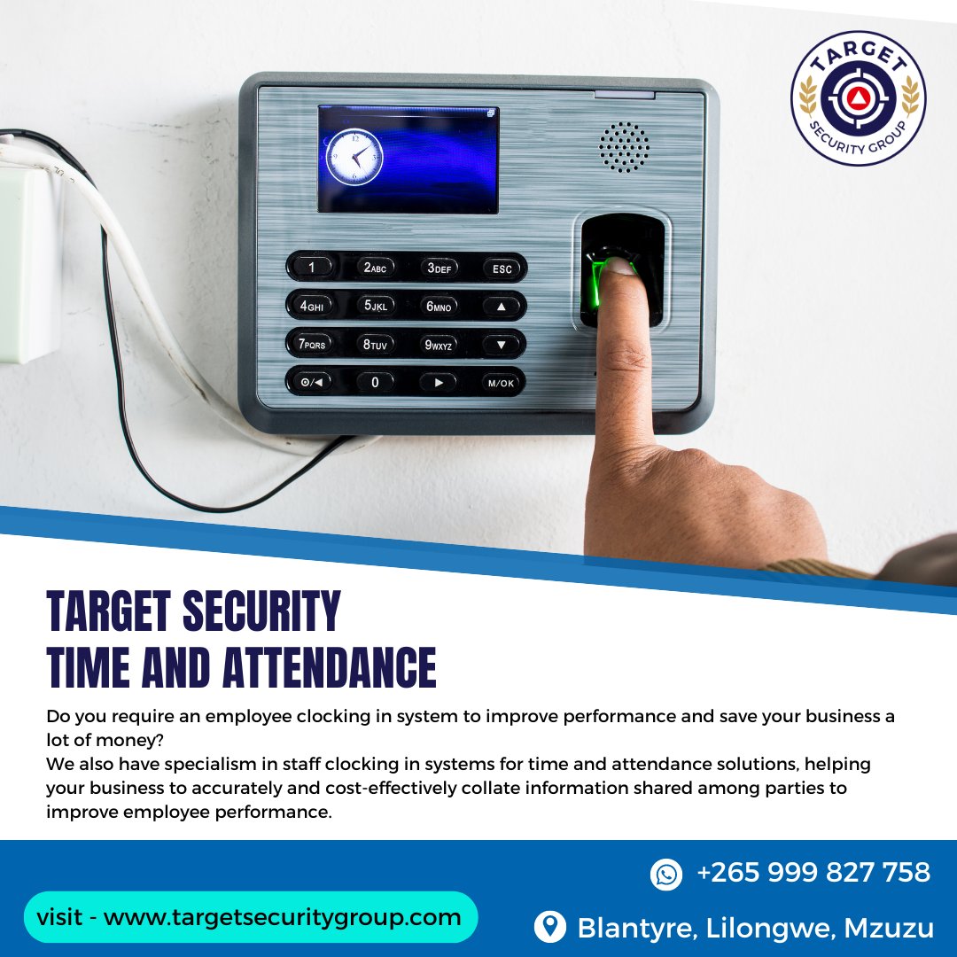 Boost your business with Target Security's Time and Attendance solutions! ⏰💼

#Targetsecuritygroup #malawian #TimeAndAttendance 

Visit - targetsecuritygroup.com

Dm us on WhatsApp: +265 999 827 758