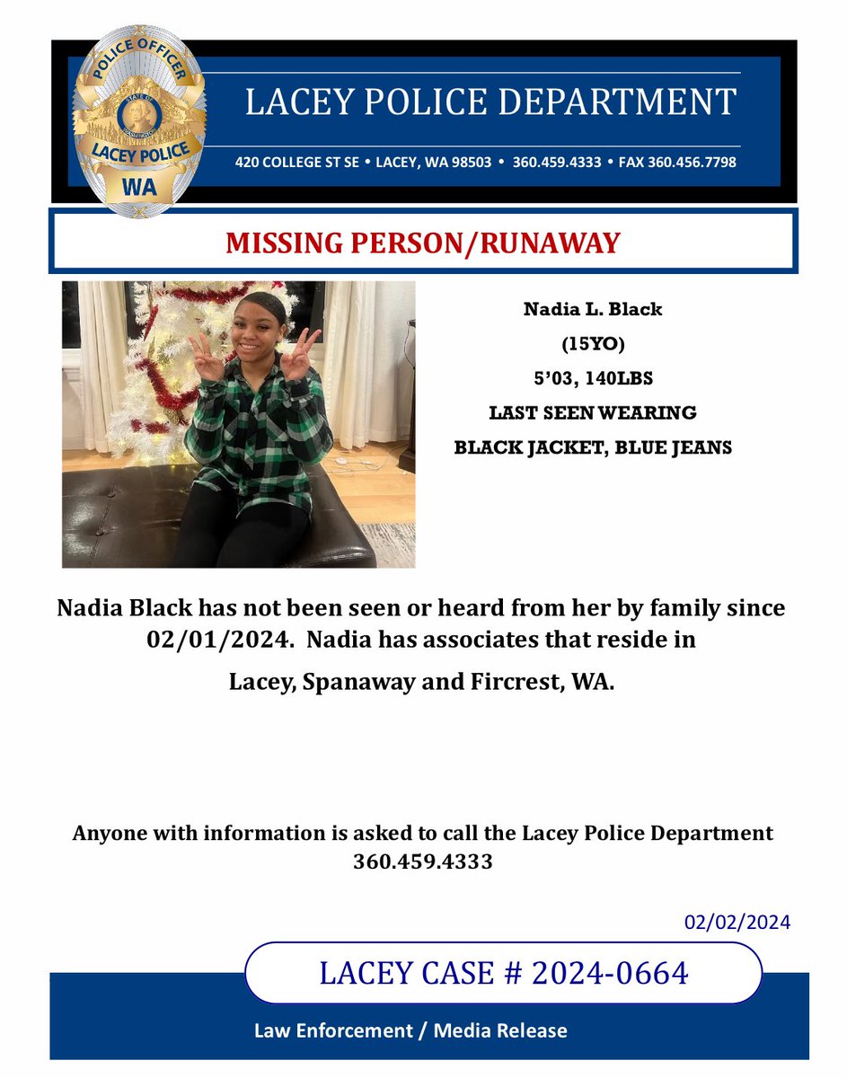 LaceyPolice's tweet photo. Help the @LaceyPolice find Nadia Black, and get her home #missing #Laceywa #thurstoncounty #tacoma #olympia #runaway #spanaway #missingperson #pnw #washington #missingjuvenile #fircrest https://t.co/qQJ73UuCIX