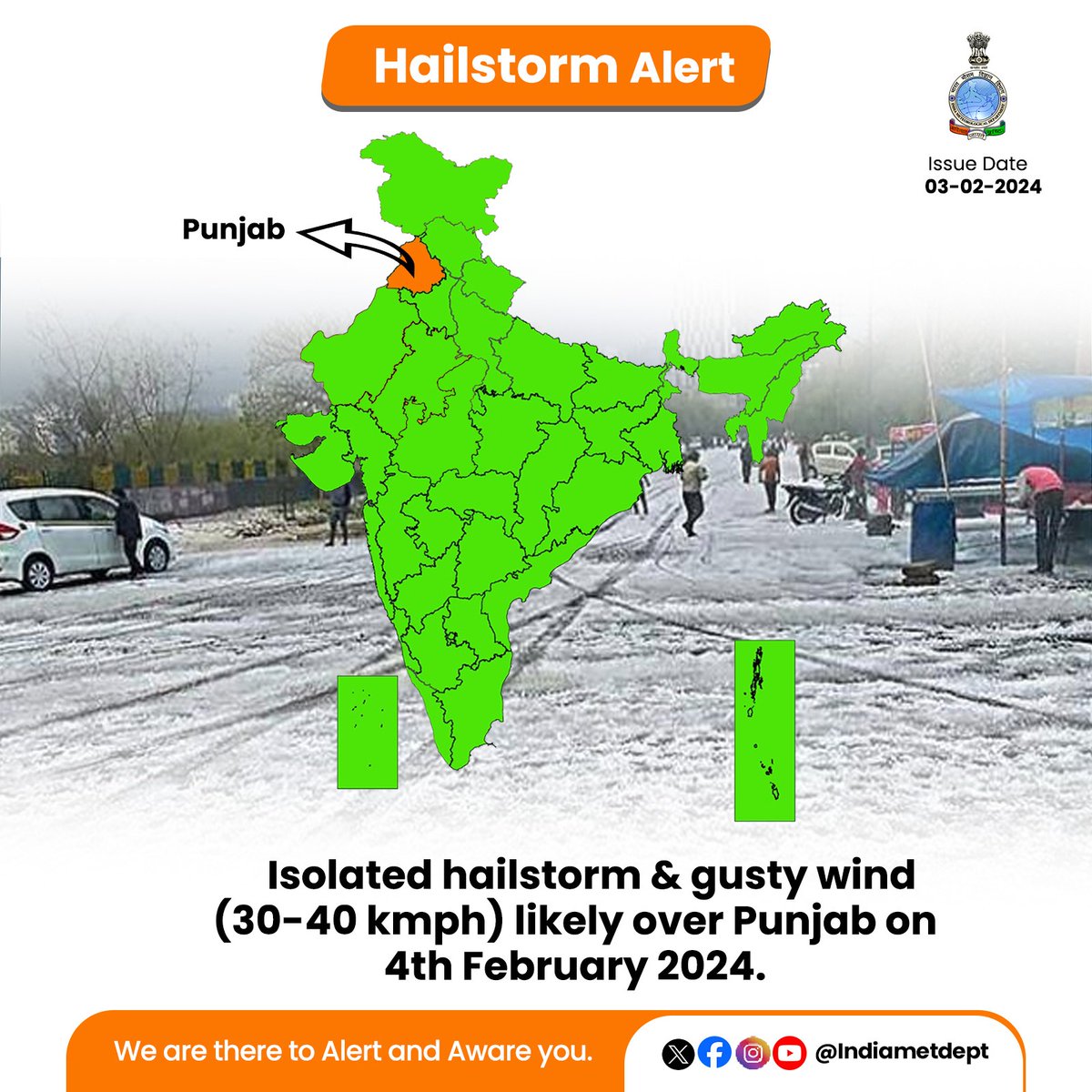 Indiametdept's tweet image. Isolated hailstorm &amp;amp; gusty wind (30-40 kmph) likely over Punjab on 4th February 2024.

#Hailstrom #PunjabWeatherUpdate #Rainfall 

@AAI_Official @DGCAIndia @RailMinIndia
@NHAI_Official @moesgoi @DDNewslive
@ndmaindia @airnewsalerts @IMD_Chandigarh
@CMOPb @BhagwantMann
