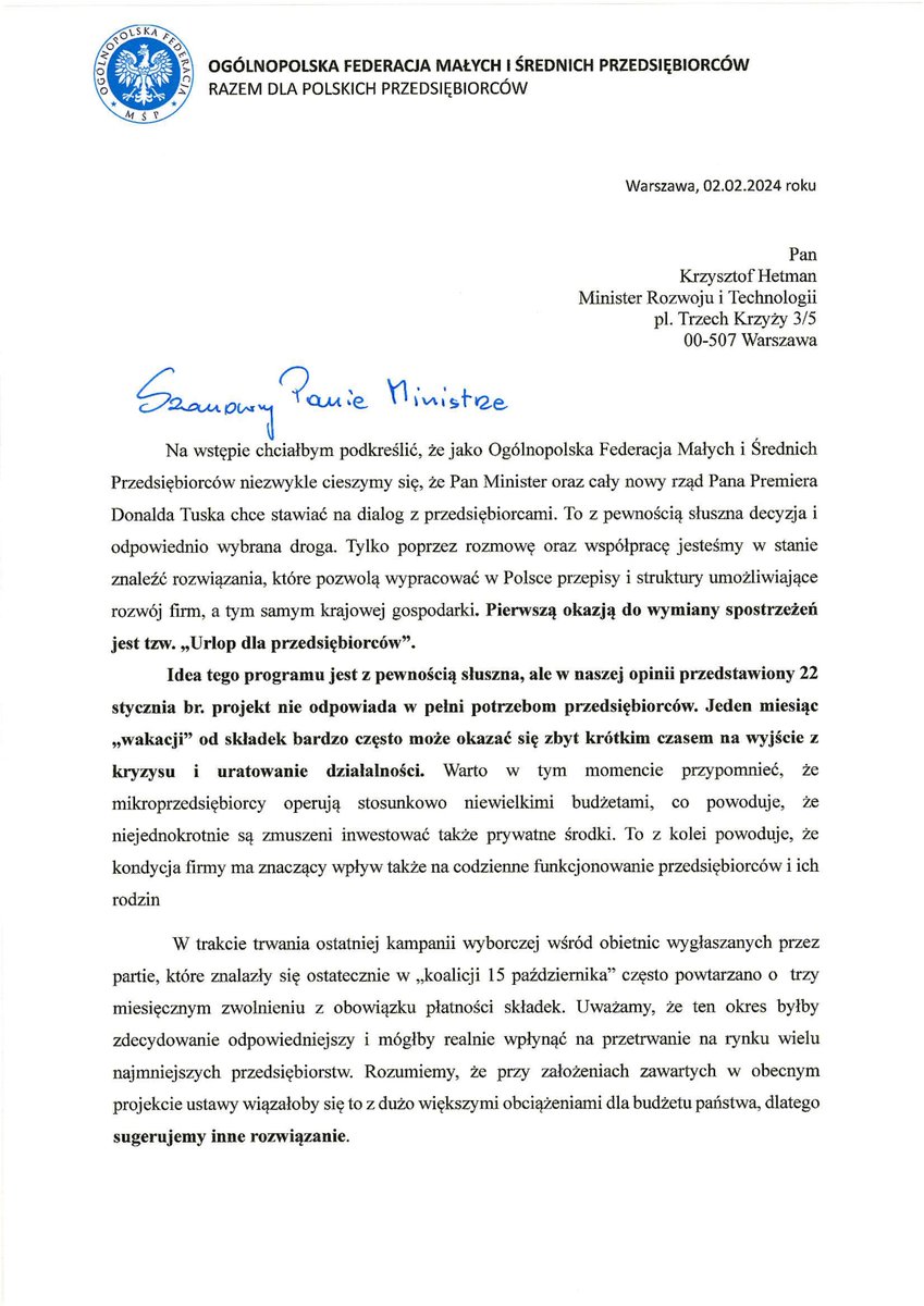 FederacjaMSP's tweet photo. - Idea tego programu jest z pewnością słuszna, ale w naszej opinii przedstawiony 22 stycznia br. projekt nie odpowiada w pe��ni potrzebom przedsiębiorców - napisał Prezes @t_szypula w piśmie do Minister @Hetman_K nt. "Wakacji od ZUS"

Przedstawiona została również NASZA propozycja https://t.co/yWZPsQ5pMA