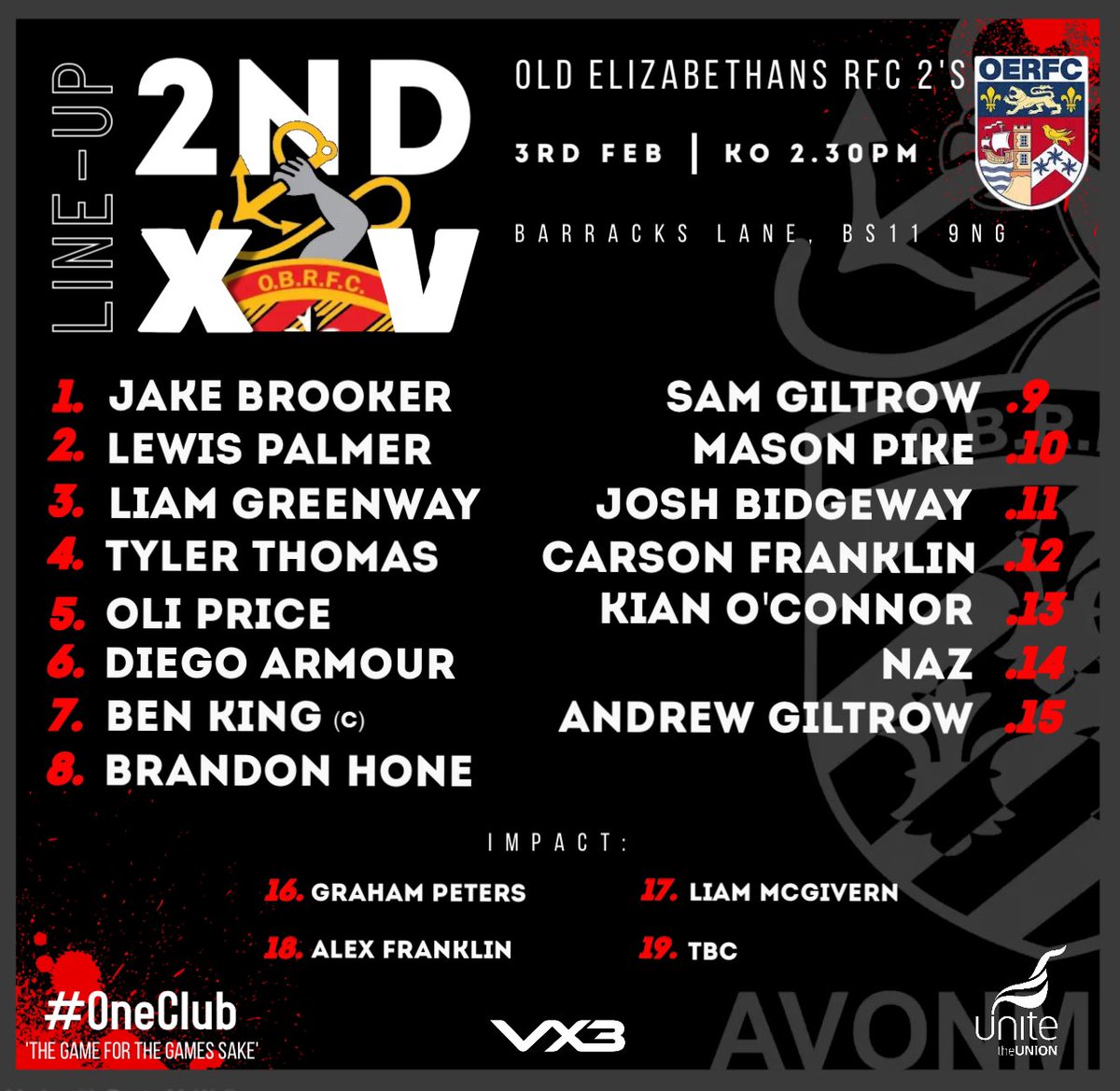 🔊It's Game Day!!!🔊

Avonmouth Old Boys 2nd XV
Vs <a href="/OldEsRFC/">Old Elizabethans RFC</a> 2’s (H)
📆 3rd Feb
⏰ KO: 2:30pm
📍 BS11 9NG
🏆 FRIENDLY FIXTURE
⚫️🔴⚫️

<a href="/GRFUrugby/">#GRFU</a> <a href="/swsportsnews/">South West Sports News</a>