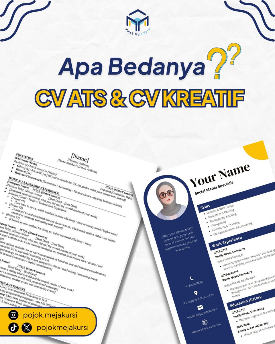 pojokmejakursi's tweet photo. Di sini ada yang belum tau bedanya sih CV ATS dan CV Kreatif 📄❓

Min-poki bakal jelasin perbedaannya nih! Simak thread di bawah ini ya😆✨

#CV #resume #work #curriculumvitae #CVATS #CVkreatif #zonauang #lokercot #karircot https://t.co/J9PW0vbjoI