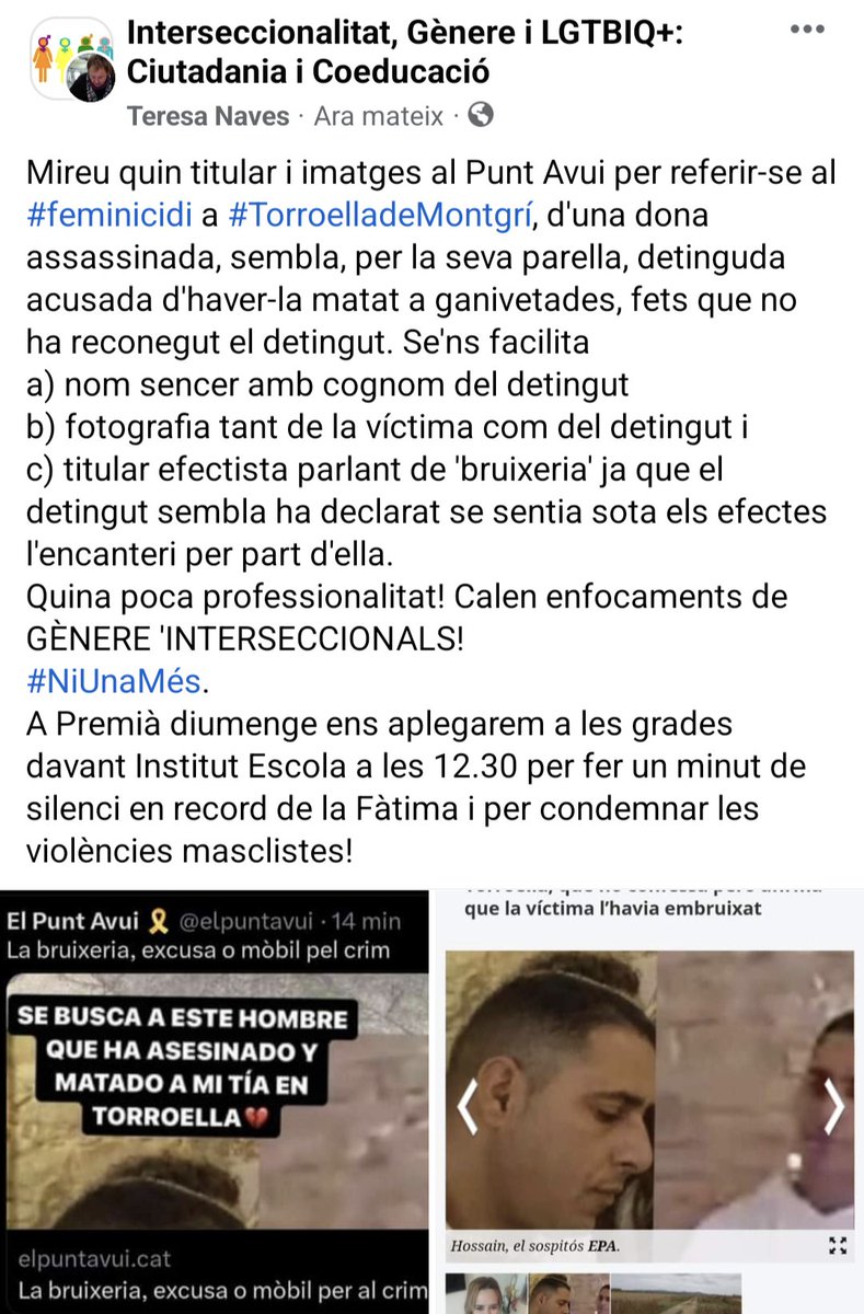 MaTeresaNaves's tweet photo. @elpuntavui ✋Diem NO a les violències masclistes i exigim professionalitat als mitjans en el tractament dels #feminicidis: 
📰 @elpuntavui: Quan faciliteu nom sencer i fotografia d'un detingut?
Les #violències #masclistes són #estructurals‼️ Interseccionalitat‼️
➡️https://t.co/vVTsvwptvb https://t.co/RzJPzHjV9I