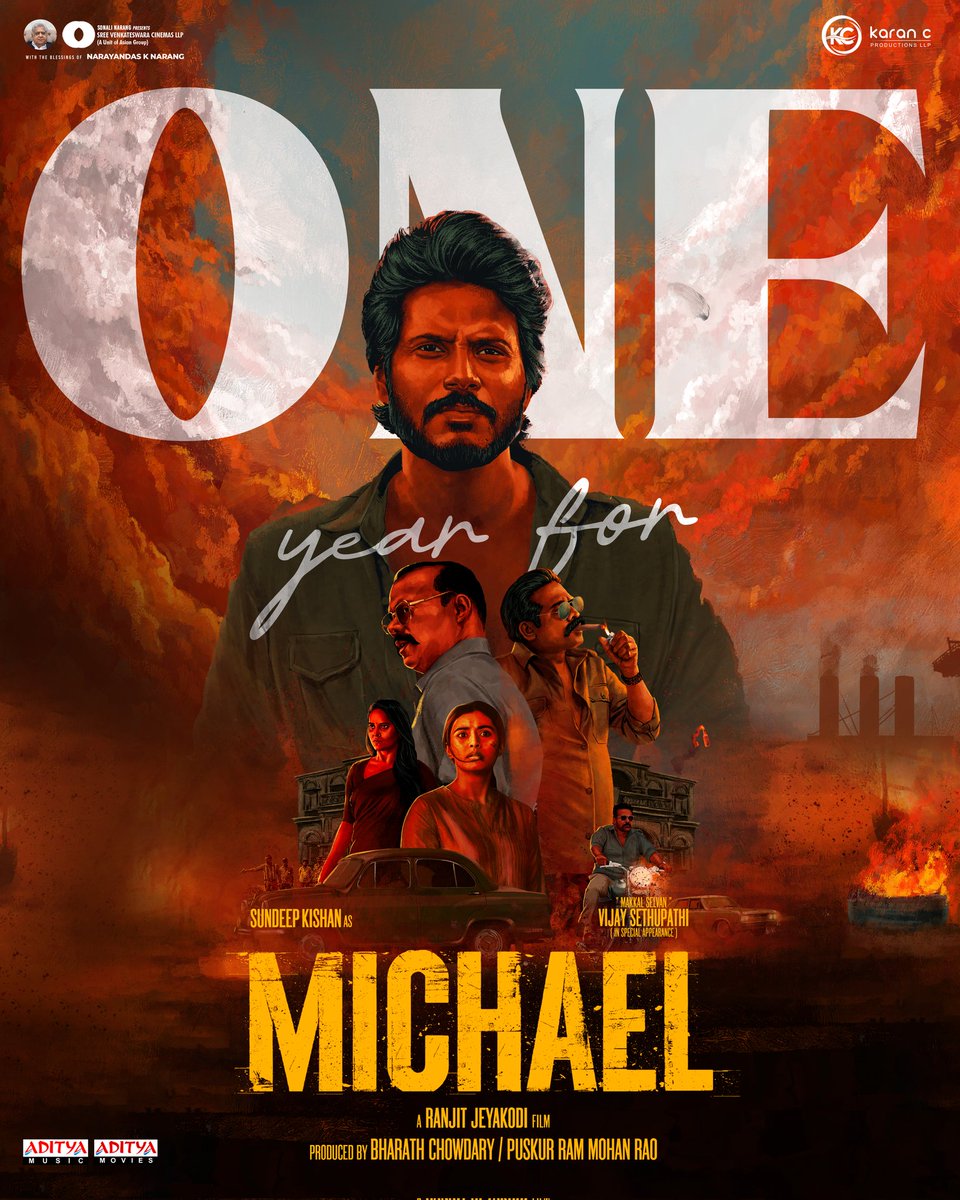 Celebrating 1 Year of @sundeepkishan's Bloody Action Blockbuster #MICHAEL ❤️‍🔥 A stylish gangster drama that gave the audience a new-age cinematic experience in theatres 💥 @VijaySethuOffl @Divyanshaaaaaa @jeranjit @menongautham @anusuyakhasba @SamCSmusic @SVCLLP